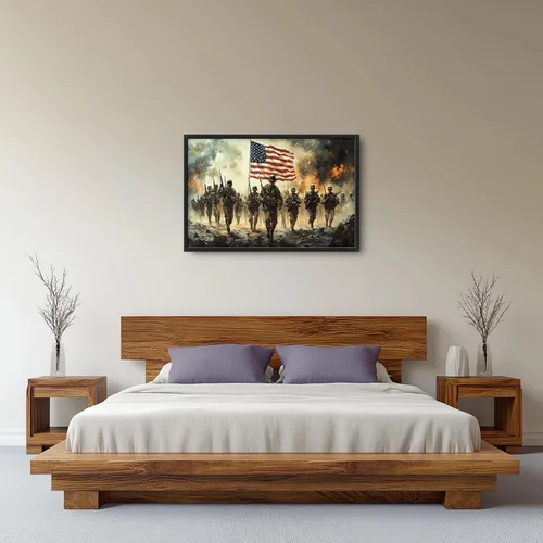Vista 4 de Arte de pared grande de soldado para sala de estar, bandera patriótica de Estados Unidos, decoración en lienzo con marco militar, impresiones