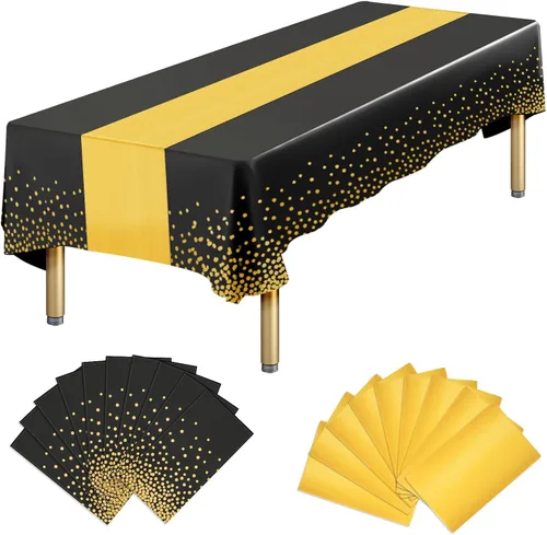 Vista 13 de Paquete de 10 manteles rectangulares de plástico y camino de mesa de satén, mantel desechable negro rectangular y dorado para cumpleaños