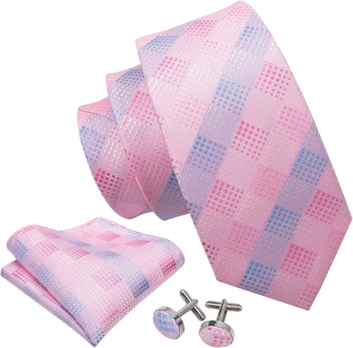 Vista 37 de Barry.Wang Juego de corbatas a cuadros para hombre con pañuelo gemelos de rayas clásicas