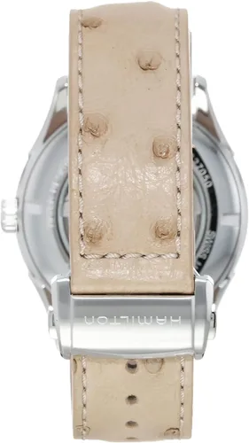 Vista 3 de Hamilton Reloj Jazzmaster Open Heart suizo automático caja de 1.654 in, esfera azul, correa de cuero beige (Modelo H32705842), Azul, Classic