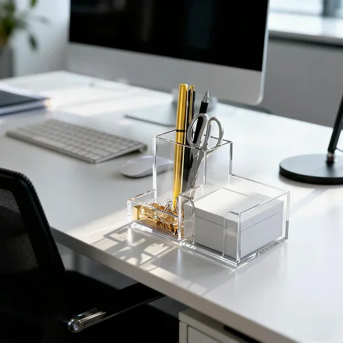 Vista 2 de HBlife Soporte acrílico para bolígrafo para escritorio, organizador de escritorio pequeño de 3 compartimentos, suministros de oficina transparentes