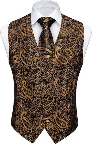 Vista 3 de DiBanGu Conjunto de chaleco de traje de cachemira y corbata preatada para Dorado y Negro