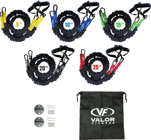 Vista 19 de Valor Fitness Bandas de resistencia – 5 libras a 25 libras – Mosquetones adjuntos y 2 bandas por opción de peso con asas – Funda cubierta