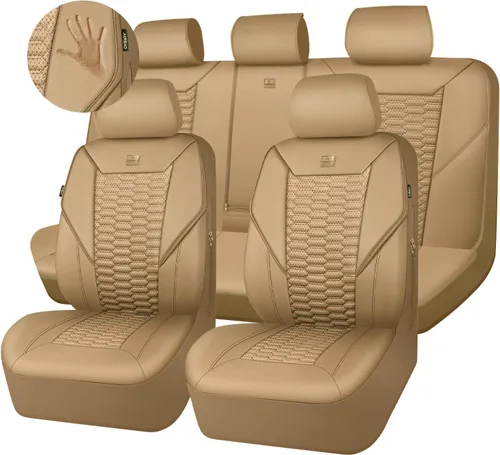 Vista 10 de CAR PASS Juego completo de fundas para asientos de coche de malla de espuma 3D de cuero, fundas para asientos de coche de malla transpirable