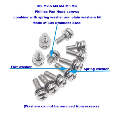 Vista 4 de M2 M2.5 M3 M4 M5 M6 Tornillos de cabeza Phillips de acero inoxidable combinados con arandelas de resorte y arandelas lisas 195pcs 304 stainless
