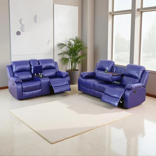 Vista 24 de Sofá reclinable manual, sofá reclinable de lujo de 3 plazas, sofá reclinable con portavasos y mesa de café, sofá de cuero sintético para sala