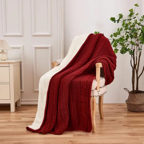 Vista 6 de Longhui bedding - Manta de punto trenzado de acrílico sherpa, gruesa, suave, grande, acogedora, manta de vellón tejida de color rojo vino para sofá
