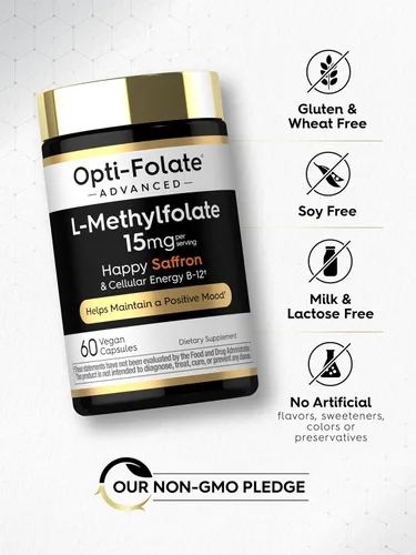 Vista 5 de Carlyle L Metilfolato de 15 mg 60 cápsulas con metilo B12 y azafrán Vegano, sin OMG, suplemento sin gluten por Opti-Folate