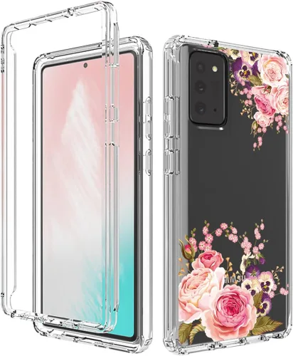 Vista 6 de Funda para Galaxy Note 20 5G, SM-N981U con protector de pantalla de vidrio templado, carcasa de cuerpo completo con diseño floral transparente