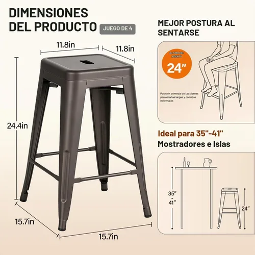 Vista 3 de FDW Juego de 4 taburetes metálicos de 24 pulgadas, apilables, bronce Pistola