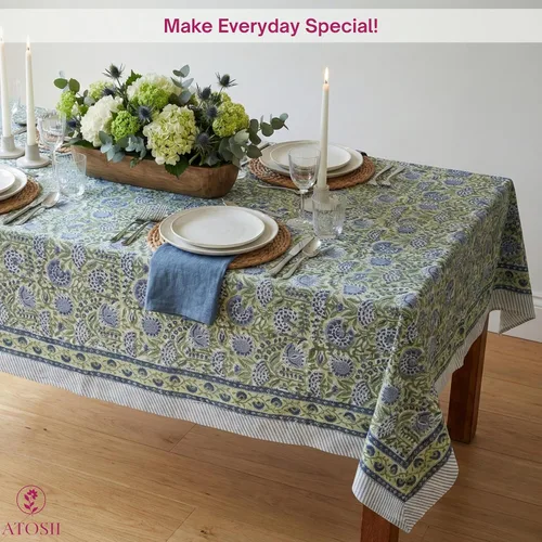 Vista 6 de ATOSII Mantel 100% algodón, Amara, floral, hecho a mano, rectangular, de lino, para cocina, comedor, fiestas, bodas, exteriores, picnics, Pascua