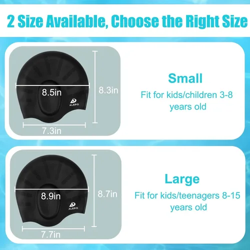 Vista 2 de 2 Pack Kids Swim Caps for Boys Girls, Durable Silicone Swimming Cap with 3D Ear Pockets for Age 3-15 Toddler Child Youth Teen, Unisex Swim Bath Hats