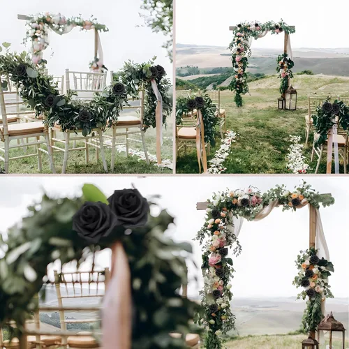 Vista 4 de 25 rosas realistas negras, flores artificiales de espuma de látex con tallos flexibles y 8 hojas para decoración de bodas, hogar y fiestas Negro