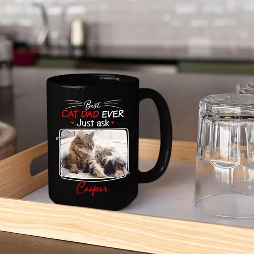Vista 4 de Taza de café personalizada con nombre y foto de gato, marco de fotos personalizado para gato, taza de café negra de 11 onzas y 15 onzas, taza de té