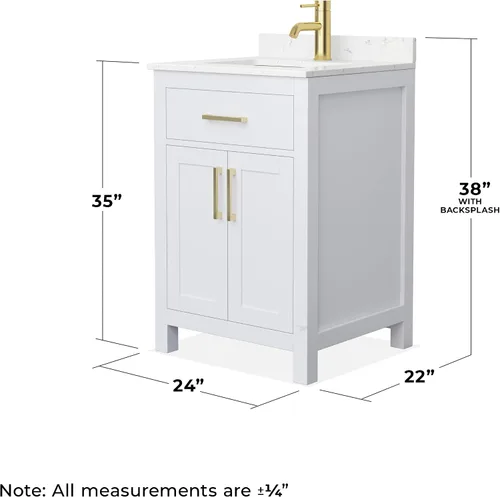 Vista 3 de Wyndham Collection Beckett - Mueble de baño individual de 24 pulgadas en blanco, encimera de mármol cultivado de Carrara, fregadero cuadrado