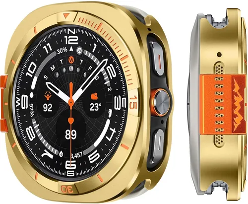 Vista 10 de Funda de metal compatible con Samsung Galaxy Watch 8 de 1.732 pulgadas, 2 en 1, con marco trasero para Galaxy Watch 8 de 1.732 in (negro/naranja)
