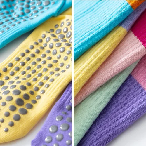 Vista 9 de Calcetines de yoga y pilates con empuñaduras para mujer, antideslizantes, coloridos, teñido anudado, acolchados, calcetines para bailar en barra