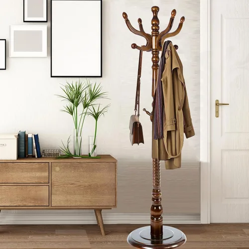 Vista 7 de Percheros independientes con 14 ganchos, soportes de madera natural para entrada, altura ajustable de 73 pulgadas, perchero de árbol para pasillo