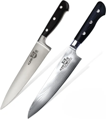 Vista 12 de KUMA Cuchillo profesional de acero de Damasco y cuchillo de chef Pro Bolster Edition con acero al carbono japonés endurecido – Cuchillo de chef de 8