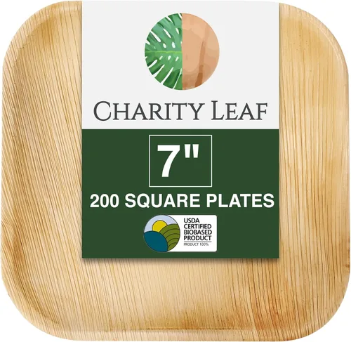 Vista 12 de Platos cuadrados desechables de hoja de palma Charity Leaf de 6" (15 cm) (50 piezas) Platos de servir tipo bambú, tablas desechables, vajilla