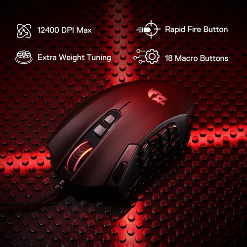 Vista 2 de Redragon M921 Ratón para juegos MMO, 12400 DPI de alta precisión con cable RGB con 18 botones programables, 12 teclas macro laterales, software