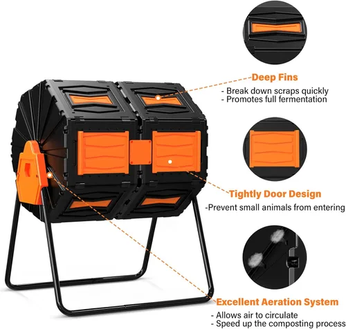 Vista 7 de Tambor de Compost, Fácil de Ensamblar y Eficiente Contenedor de Compost Exterior, 45 Galones/170 Litros Compostador Giratorio Grande de Doble Cámara