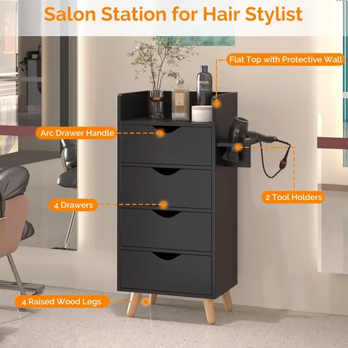 Vista 3 de OmySalon Armario de almacenamiento de 4 capas, equipo organizador de estación de peluquería de belleza, juego de estación de estilista con 2 Negro