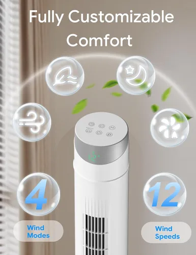 Vista 3 de ZAFRO Ventilador de torre inteligente para dormitorio, ventilador de torre oscilante de 120°, 28 pies/s de alta velocidad, 12 velocidades, 4 modos