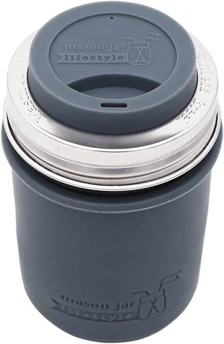 Vista 3 de Funda de silicona de boca ancha de 16 onzas con tapa de silicona a juego y banda de acero inoxidable para tarros Mason (gris carbón)