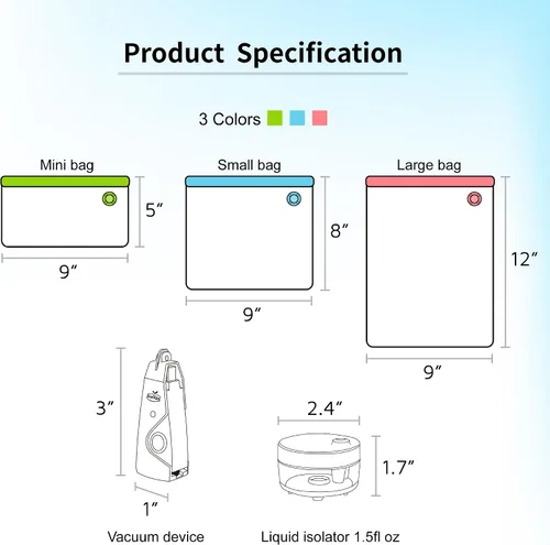 Vista 5 de Bolsas reutilizables de sellado al vacío, paquete de 6 – Bolsas de vacío y congelador sin BPA con sellador al vacío de mano más pequeño del mundo