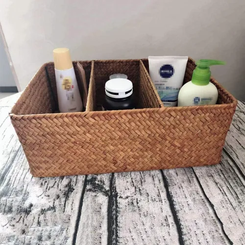 Vista 2 de Cesta tejida a mano de algas marinas Caja de almacenamiento tejida de 3 compartimentos para decoración de escritorio para el hogar, baño, oficina