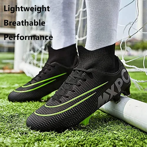 Vista 4 de Botines de fútbol para hombre, zapatos de fútbol de caña alta, con cordones, antideslizantes, botas profesionales de césped firme para exteriores