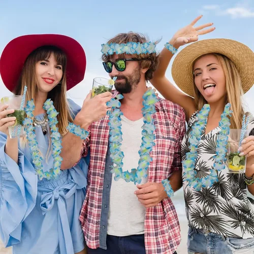 Vista 4 de 48 piezas de Leis hawaianos gruesos a granel, revelación de género Leis Blue Jumbo 12 diademas 24 pulseras, 12 collares florales para fiesta Luau
