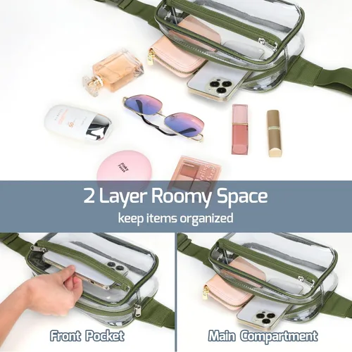 Vista 8 de Veckle Riñonera transparente Bolsa de cinturón transparente aprobada para estadios para mujeres y hombres, bolsa grande cruzada transparente