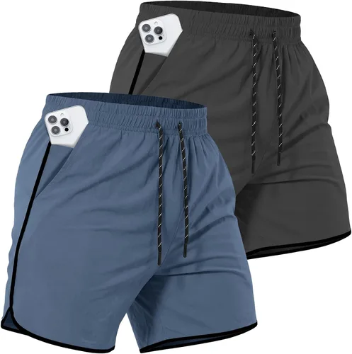 Vista 17 de Paquete de 2 pantalones cortos deportivos de entrenamiento de 5 pulgadas para hombre, pantalones cortos de gimnasio de secado rápido con bolsillos