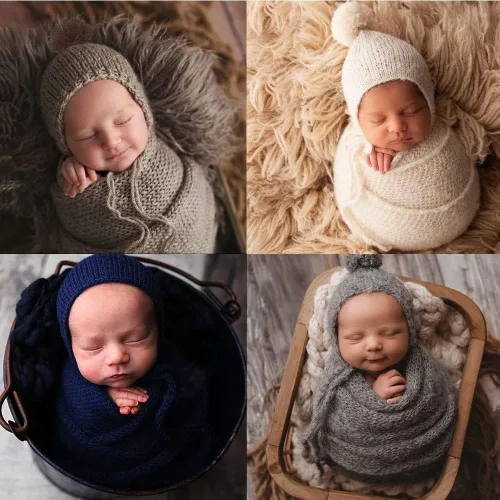 Vista 3 de CUTEBBPHOTO Manta elástica para fotografía de recién nacido, manta de ganchillo para fotos de bebé, accesorios de punto para sesión de fotos