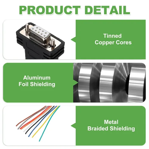 Vista 3 de 6.6 pies 26AWG DB9 Conector hembra a extremo de cable desnudo RS232 9 Pin Serial Cable de extensión doble blindado chapado en oro Conector hembra