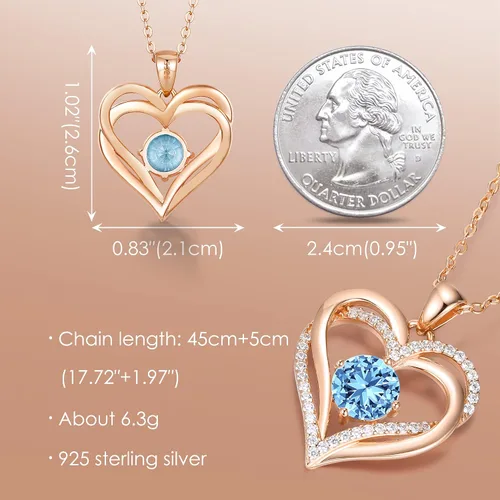 Vista 5 de LOUISA SECRET Love Heart Birthstone Necklaces for Women 925 Sterling Silver Rose Gold Pendant Forever Diamond Jewelry Valentine's Day Christmas