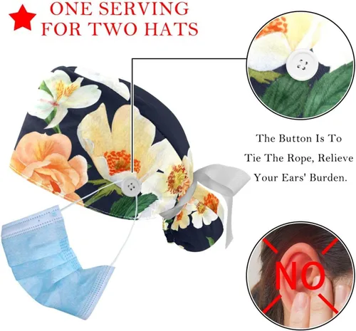 Vista 3 de 2 gorras de trabajo con botón para mujer, cabello largo, ajustable, elástico, con lazo en la espalda, gorras bouffant, flores de invierno
