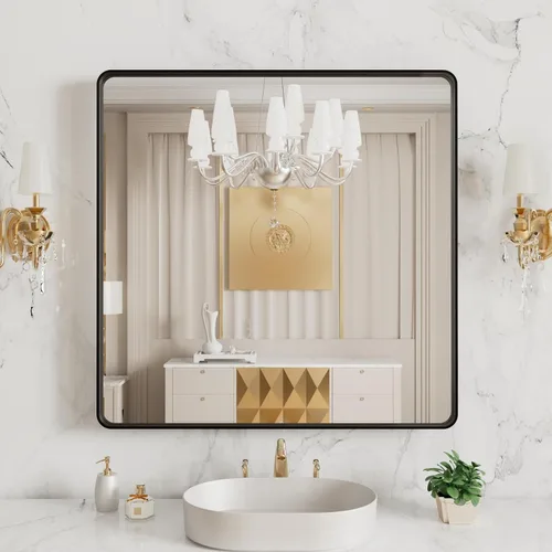 Vista 107 de LOAAO 20x16 Pulgadas Espejo de Baño con Marco de Metal Negro para Pared, Espejo de Tocador de Baño de Estilo Granja, Espejo Grande Rectangular