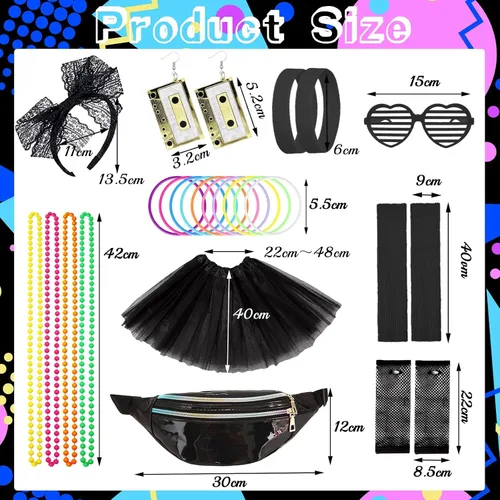 Vista 2 de Vestido elegante de los años 80 para mujeres y niñas, conjunto de accesorios de disfraz de fiesta de los años 80 con falda tutú, traje retro
