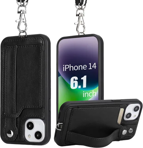 Vista 10 de TOOVREN Funda para teléfono compatible con iPhone 14 Plus, compatible con iPhone 14 Plus, funda con correa para tarjetero, cordón de cuero para Negro