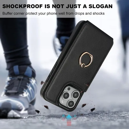 Vista 7 de Folosu Funda compatible con iPhone 16 Pro Max con soporte para tarjetas, rotación de 360°, soporte de anillo de dedo con función atril, bloqueo Negro