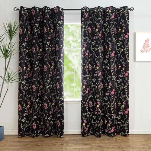 Vista 21 de Linentalks Juego de 2 paneles de cortinas opacas florales de 63 pulgadas de largo, cortinas opacas cortas con aislamiento térmico para sala de Verde