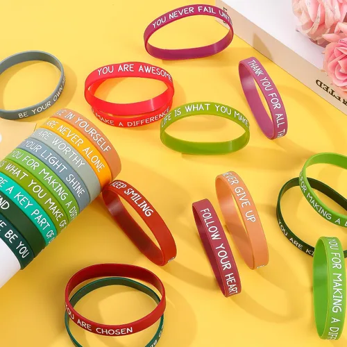 Vista 4 de JUNEBRUSHS 64 piezas de pulseras de silicona motivacionales a granel, pulseras de goma coloridas e inspiradoras, unisex para estudiantes, maestros