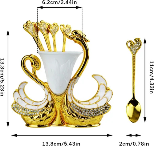 Vista 3 de Juego de cucharas con base de cisne dorado, cubiertos decorativos de cisne con 6 cucharas, cucharas de café, organizador para postres, helado
