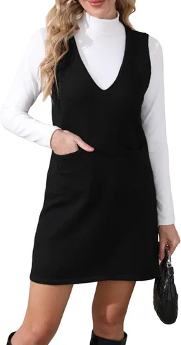 Vista 8 de OYOANGLE Vestido corto de punto con cuello en V sin mangas para mujer, liso, con bolsillos Verde militar