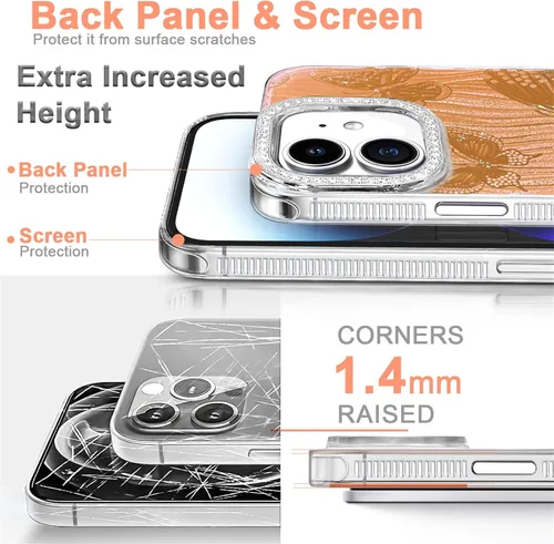 Vista 6 de I-MGAE-IN-AR Funda compacta para iPhone 11, diseño de mariposa, marco de protección de lente de cámara con diamante 3D, bonitas fundas protectoras