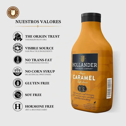 Vista 4 de Salsa de Café Caramelo Hollander Libre de transgénicos, libre de jarabe de maíz, libre de soja/gluten Botella de presión de 15 fl. oz. Tapa