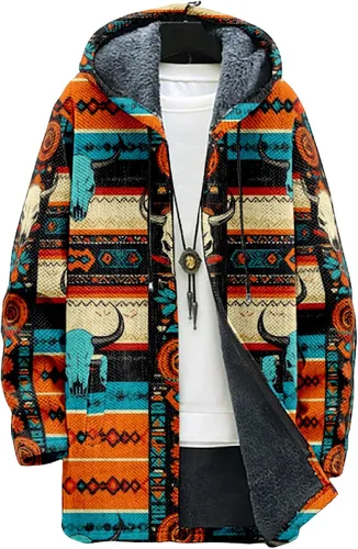 Vista 18 de Chaqueta de forro polar con capucha para hombre, con estampado azteca, de algodón pesado, con cremallera, manga larga, chaqueta con capucha